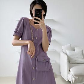 方领单排扣泡泡短袖牛仔连衣裙(送斜挎包)