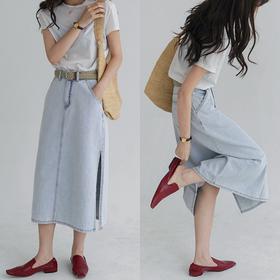 韩版复古a字侧开叉牛仔裙中长款半身裙