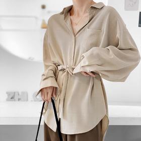 纸片人衬衫~垂顺感纯色系带长袖衬衫