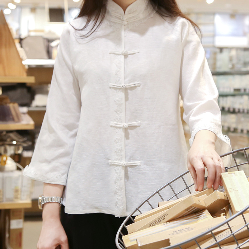 中式七分袖外套女禾陶原创天丝复古立领对襟微喇叭袖白色蕾丝镶边