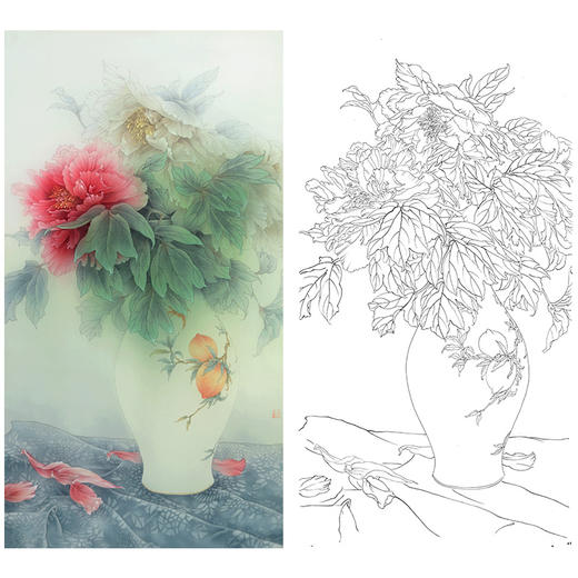 竖幅工笔没骨花鸟画白描底稿 王震牡丹 WZ44 商品图0