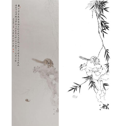 王震竖幅工笔没骨花鸟画白描底稿-松鼠《偶有苏君顾》-多种白描尺寸可选-WZ54 商品图0