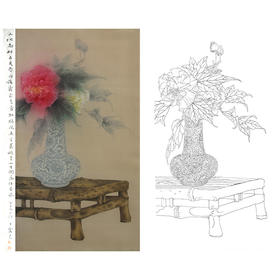 王震竖幅工笔没骨花鸟画白描底稿-《小池南畔木芙蓉》-多种白描尺寸可选-WZ38