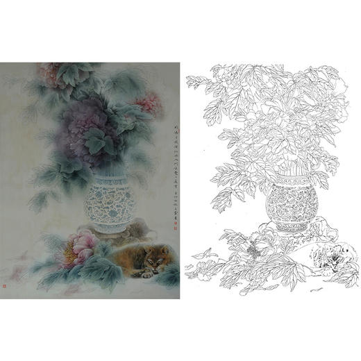 王震竖幅工笔没骨花鸟画白描底稿-猫咪《入门唯觉一庭香》-多种白描尺寸可选-WZ35 商品图0
