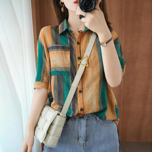 JH-1236夏新款小众轻熟薄款竖条纹短袖上衣 商品图4