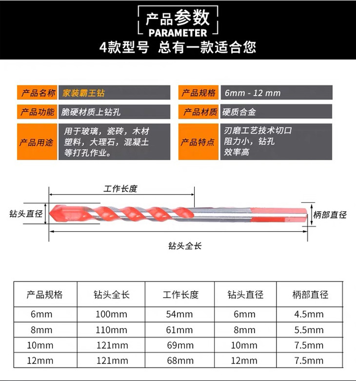 颍河鲨【二等奖】工业级霸王钻头6/8/10/12mm钻头