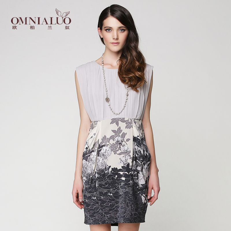 8新款omnialuo欧柏兰奴女装气质印花拼接收腰无袖连衣裙