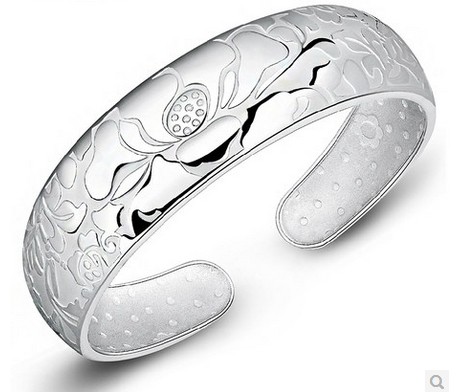 s999宽面开口精品莲花千足银手镯