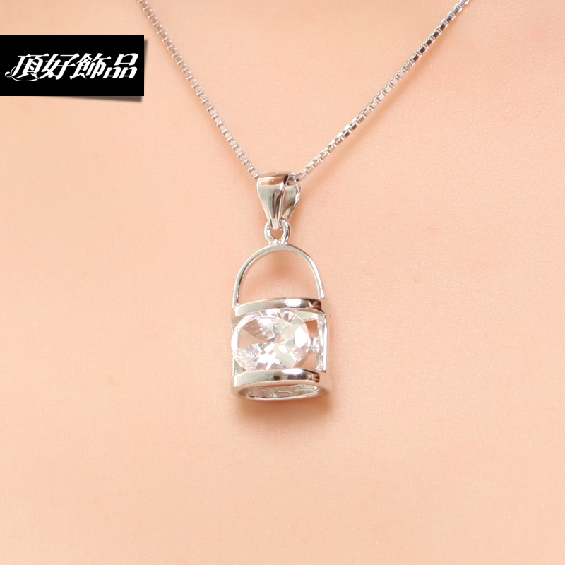 顶好饰品 925纯银项链 女韩国百搭镂空圆筒福袋镶水晶吊坠锁骨链|一淘