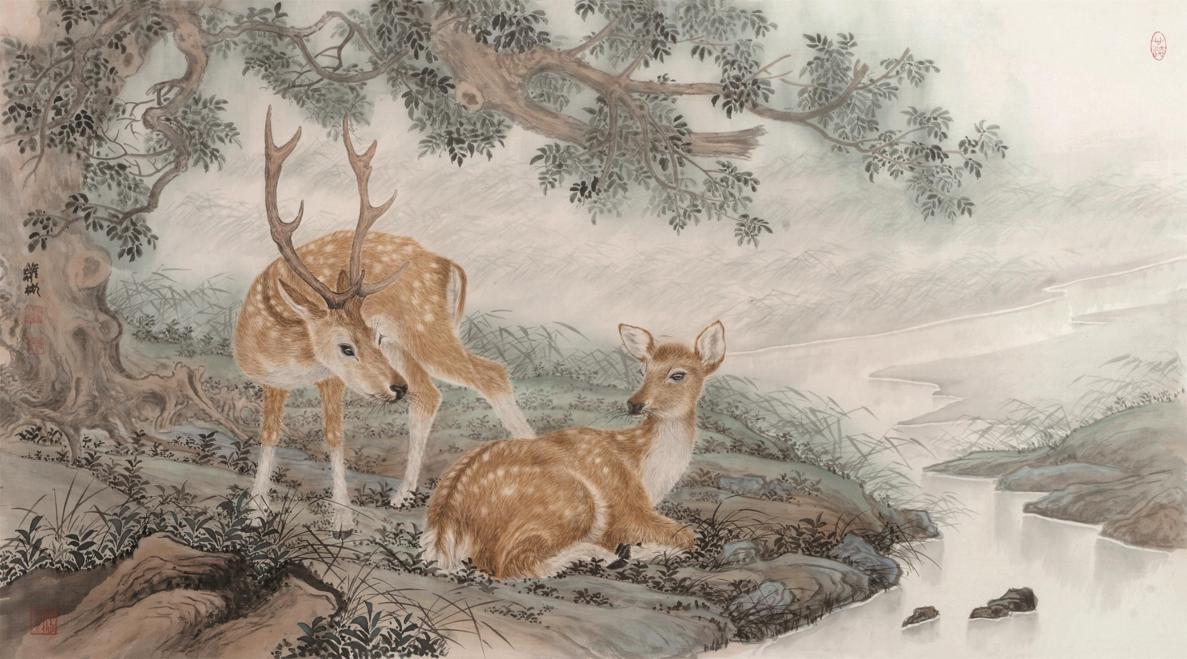 工笔鹿图片大全,梅花鹿图片大全大图,中画鹿名家画图片_大山谷图库