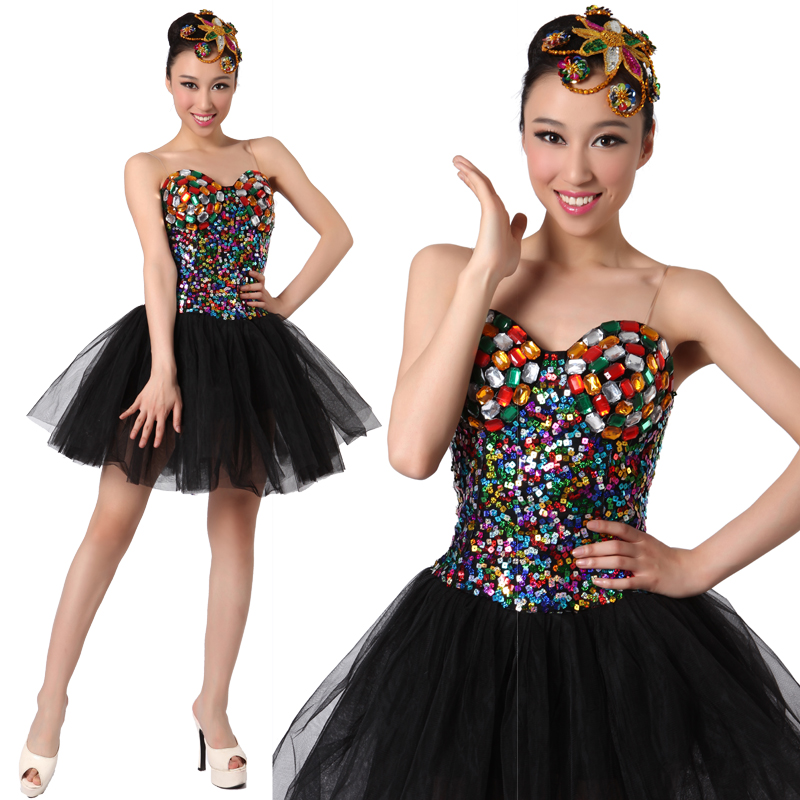 风格汇美 舞蹈演出服装小清新抹胸亮片蕾丝短裙 现代舞服装表演服