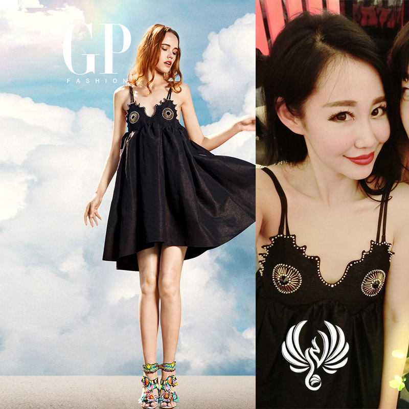 gp时装grace deng左岸潇 同款弹力棉旋转木马绣花女款黑色连衣裙