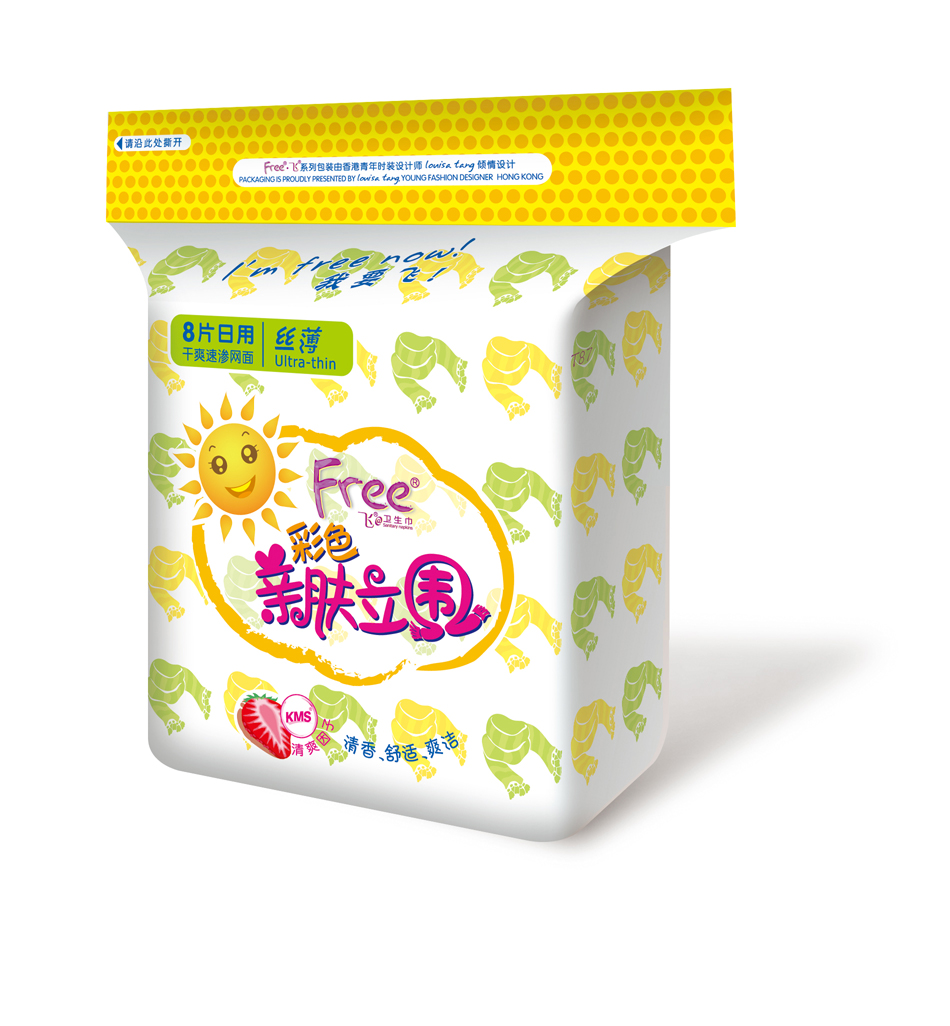 free·飞彩色亲肤立围日用丝薄干爽速渗网面卫生巾 8片