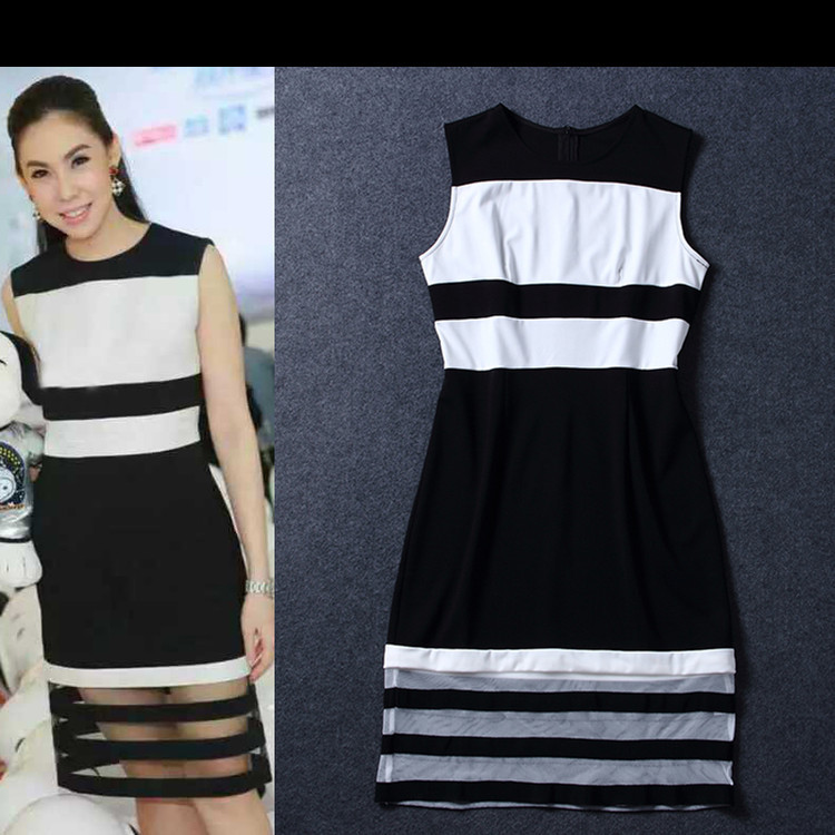 三格格 女装连衣裙 条纹无袖背心裙 时尚气质修身连衣裙