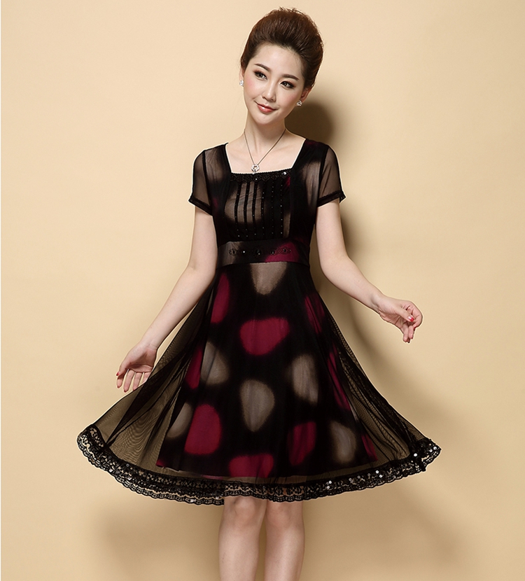 风韵天姿 方领 短袖 大码连衣裙