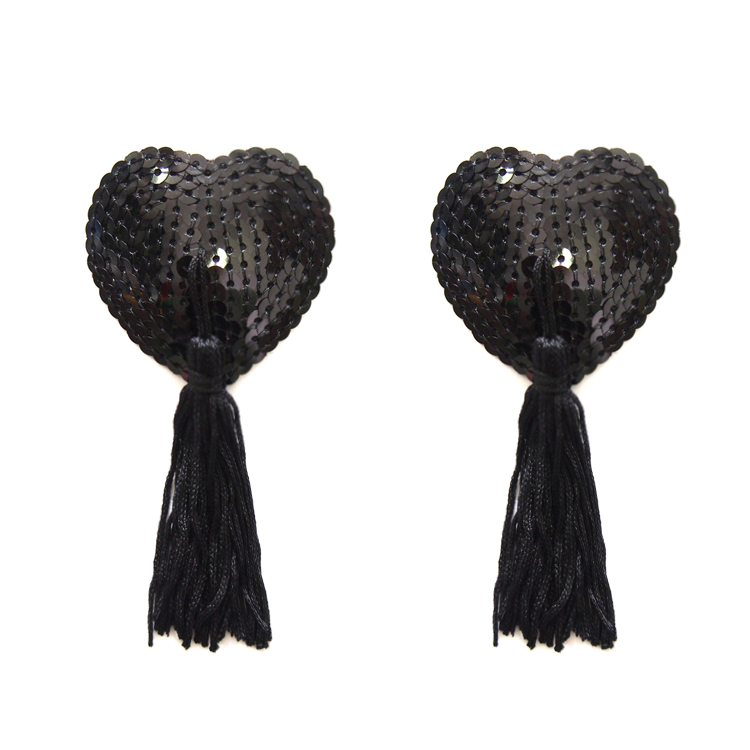 好奇蜜斯 爱心亮珠片 黑红色波浪纹 性感自粘流苏乳贴