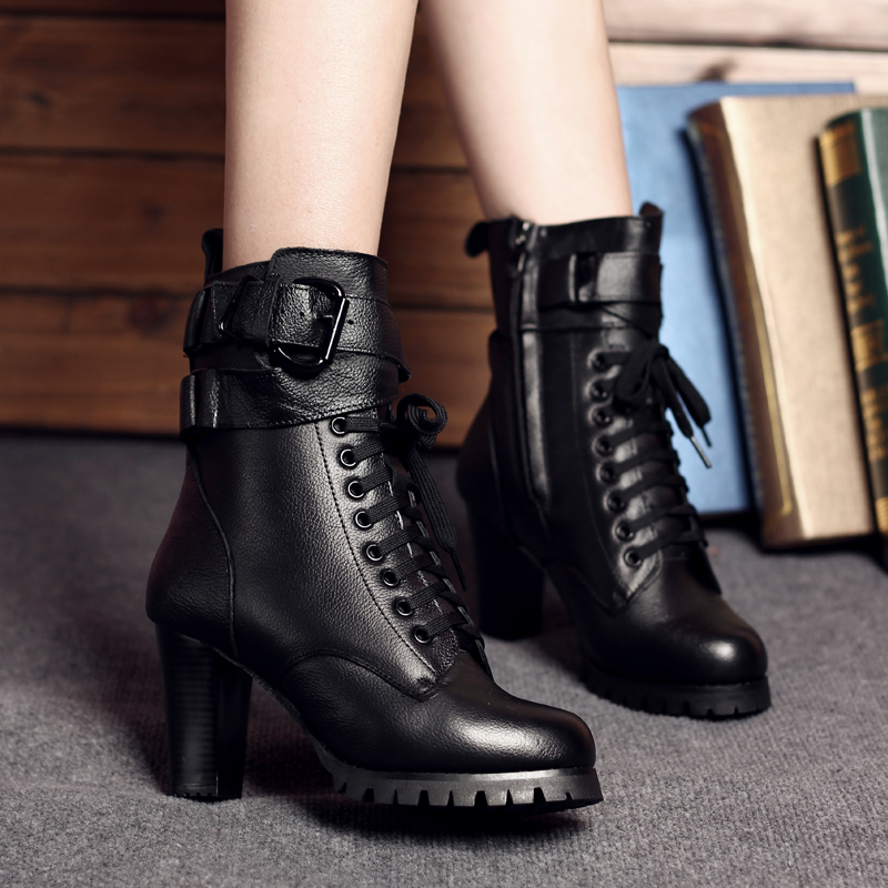 如意格格春秋真皮马丁靴女高跟鞋 粗跟英伦短靴子 系带机车靴裸靴