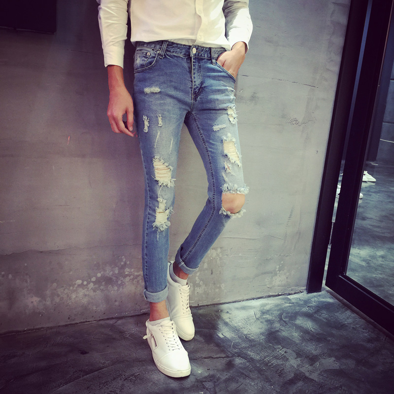 破洞牛仔裤男乞丐装牛仔裤韩版牛仔长裤修身直筒复古