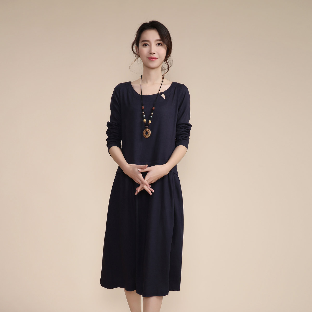 文艺女神长款纯色宽松连衣裙 hxjy1127