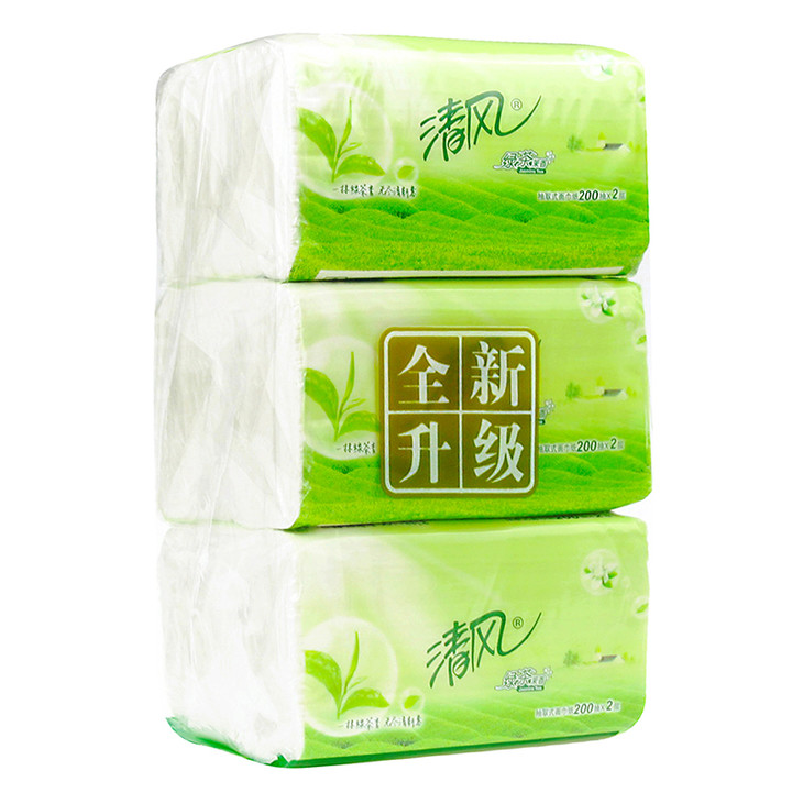 清风抽纸绿茶装抽取式面纸 200抽3包