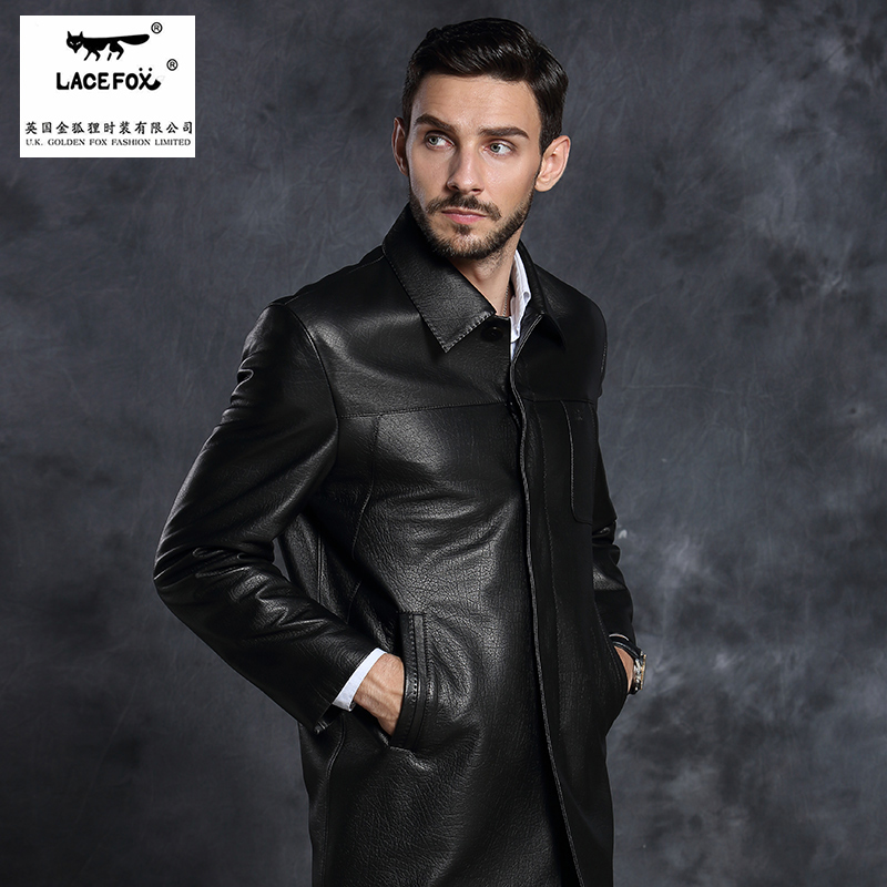 英国金狐狸 2015年秋冬新款商务休闲皮衣 男士宽松款长款风衣 大象纹