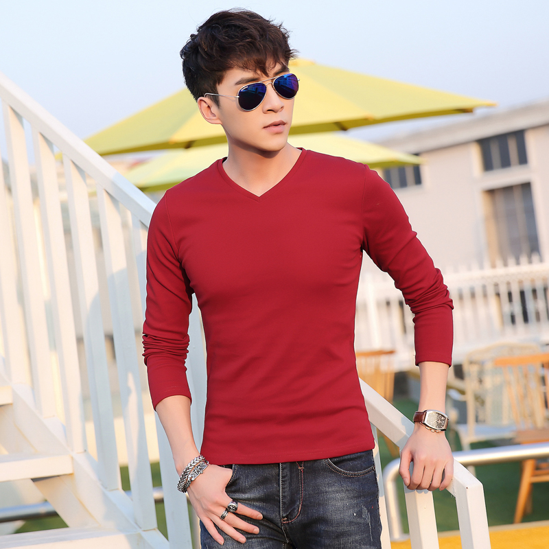 [衣拉客]男装t恤新款秋冬季青时尚加厚休闲男士打底衫长袖v领
