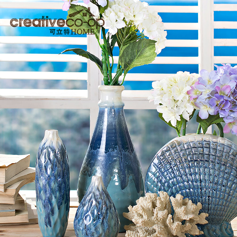 可立特 蓝色陶瓷花瓶 美式乡村复古陶瓷瓶 做旧陶瓷花瓶 家居摆件