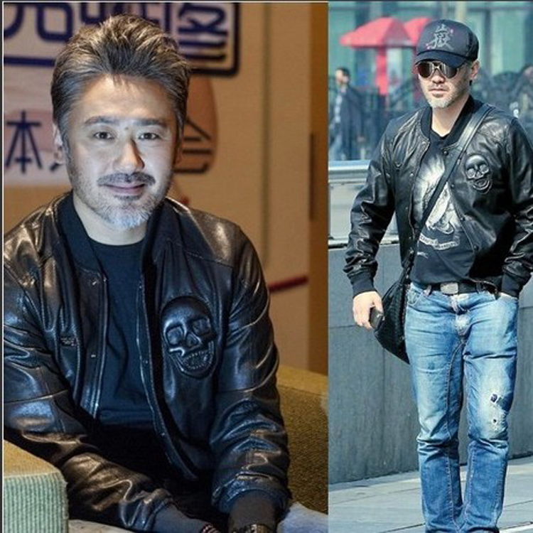 吴秀波同款新西兰绵羊皮外套真皮棒球服 骷髅头真皮皮衣 男皮夹克
