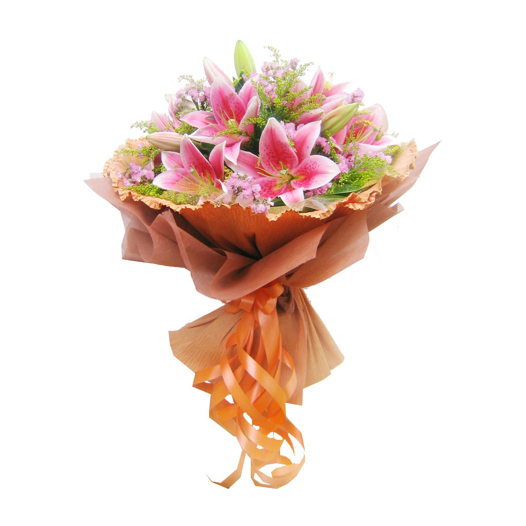 联系微信号: sjy13849997915 [鲜花材料]6支粉色多头香水百合,石竹梅