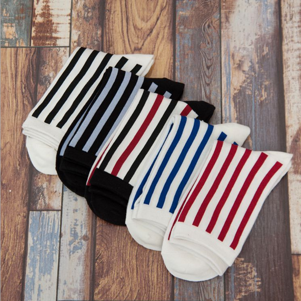 男士竖条纹彩色袜子 纯棉中筒袜 秋冬款全棉学院风