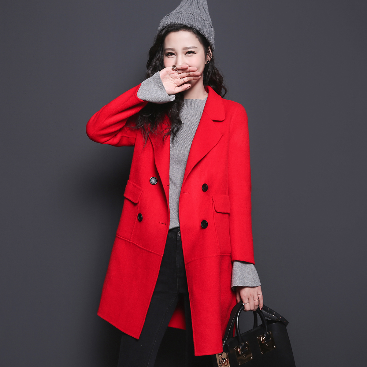 双12 七格格 40%羊毛 双排扣西装领加长毛呢大衣女5mc4893x