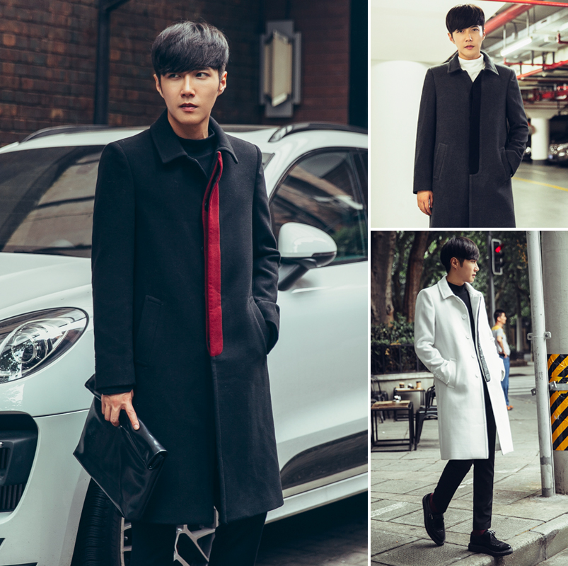 【施展】男士冬季门襟拼色毛呢长款大衣