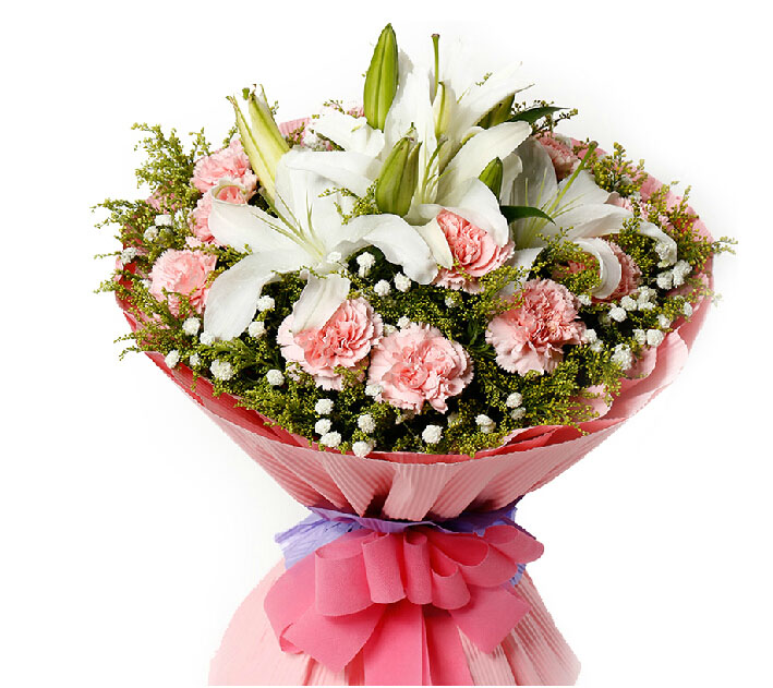 16朵粉色康乃馨加三朵香水百合花束