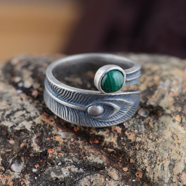 银匠世家-925纯银戒指 手工银s925 凤穿牡丹 哑光开口戒天然孔雀石