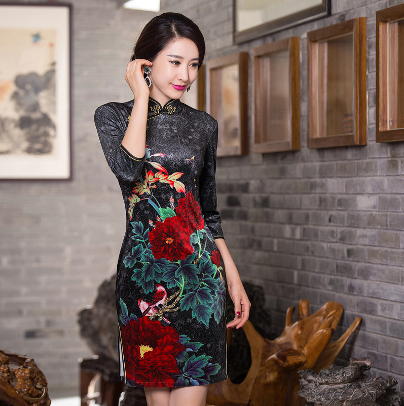 旗袍世界复古时尚中袖旗袍裙丝绒面料日常旗袍