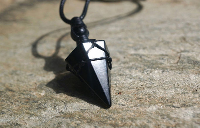 原创黑曜石吊坠金曜石水晶灵摆锁骨链能量石珠链可调节