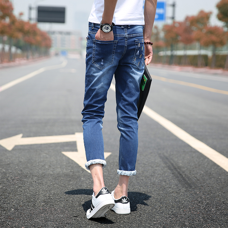 【哈伊】男装品质男裤2016四季男士破洞九分牛仔裤 修身小脚卷边牛仔