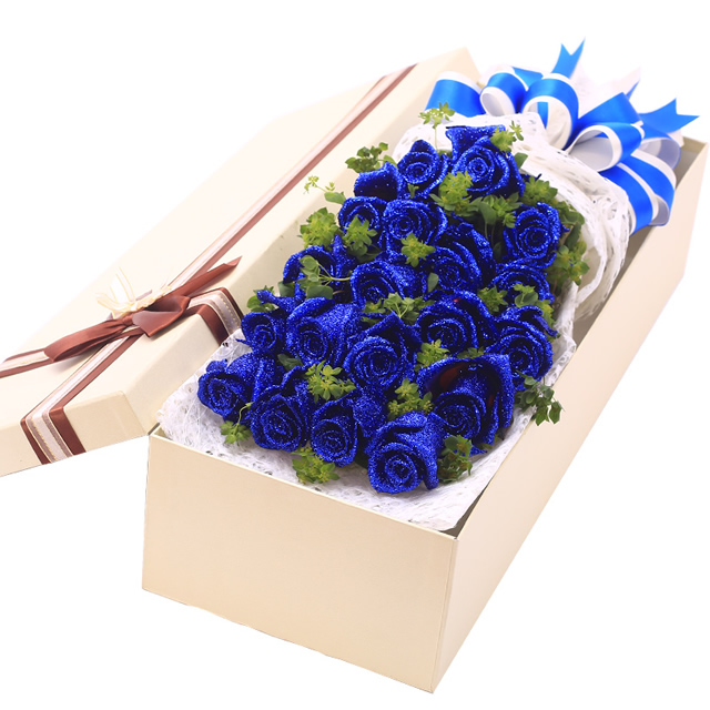 倾城花艳-19枝精品蓝色玫瑰长方形礼盒 特价款 【城区免费配送】 高档