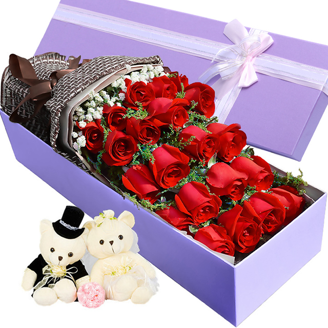 爱我就给我-21枝红玫瑰礼盒 2只公仔 【同城实体花店配送】 热销爆款