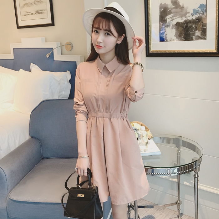 2016新款春装甜美日系小清新裙子春秋收腰显瘦长袖衬衫连衣裙女装