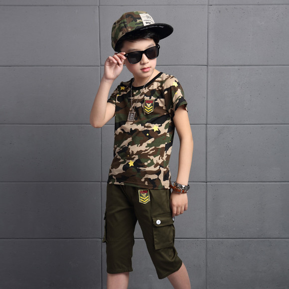 腾琳商城 夏季男童新款迷彩服两件套 韩版夏装