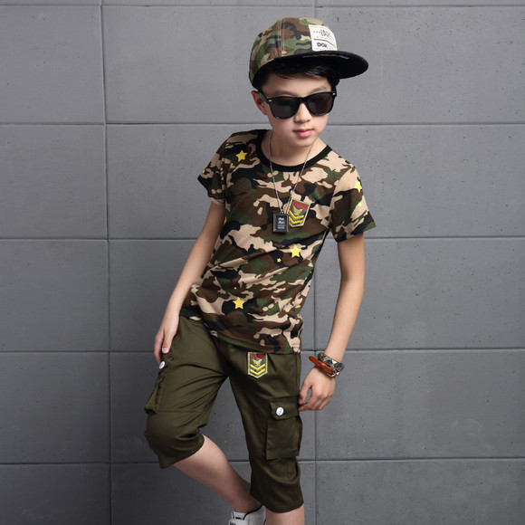 腾琳商城 夏季男童新款迷彩服两件套 韩版夏装