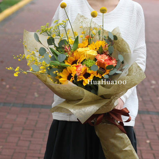 荣耀丨向日葵跳舞兰黄玫瑰混合花束 商品图1