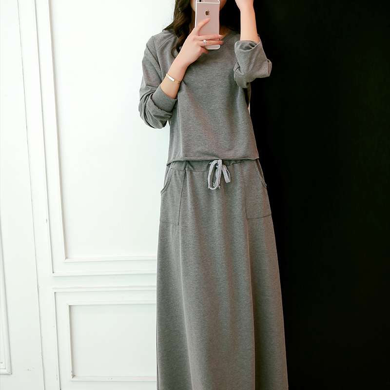 外贸原单大码女装新款 实拍 纯棉休闲长袖连衣裙 抽绳到脚踝长裙