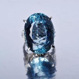 铂金镶钻天然海蓝宝石戒指