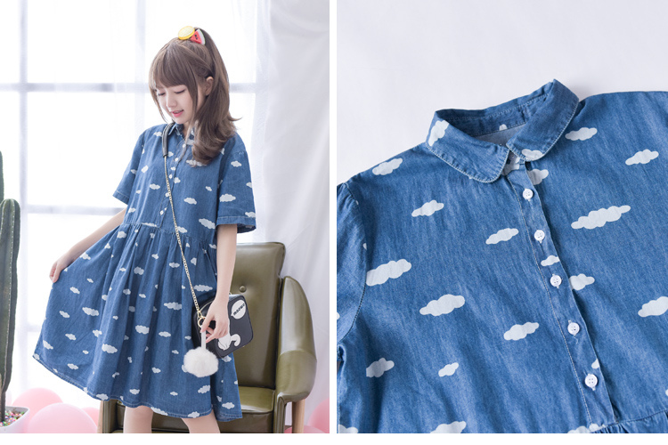 尚】2016夏装新款森女系云朵印花翻领少女宽松短袖连衣裙 - 悦尚服饰