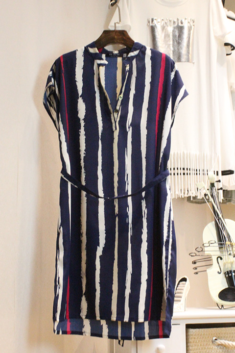 悦尚】2016春装新款衬衫裙时尚简约ol短袖修身条纹连衣裙 - 悦尚服饰