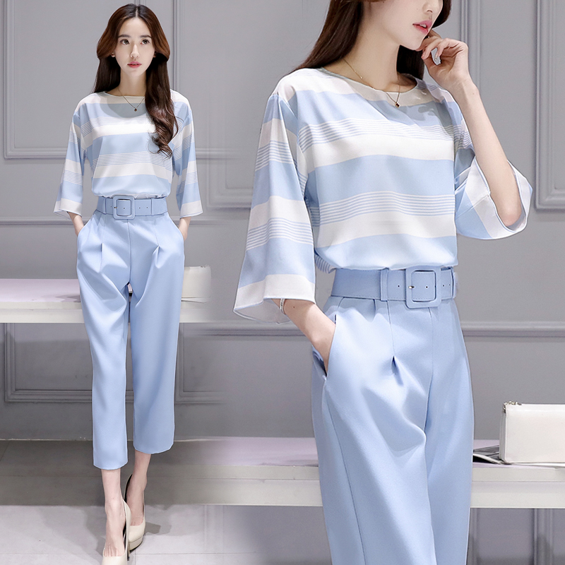 【优美】夏季新款女装两件套韩版宽松条纹套装