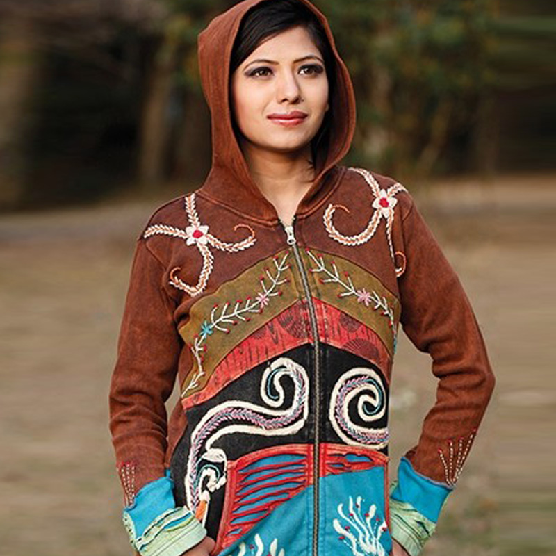 春秋尼泊尔民族风拼接长袖外套 休闲文艺连帽开衫 女