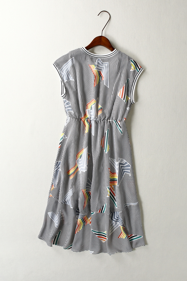 【悦尚】休闲时尚彩色条纹不规则下摆无袖雪纺连衣裙 - 悦尚服饰